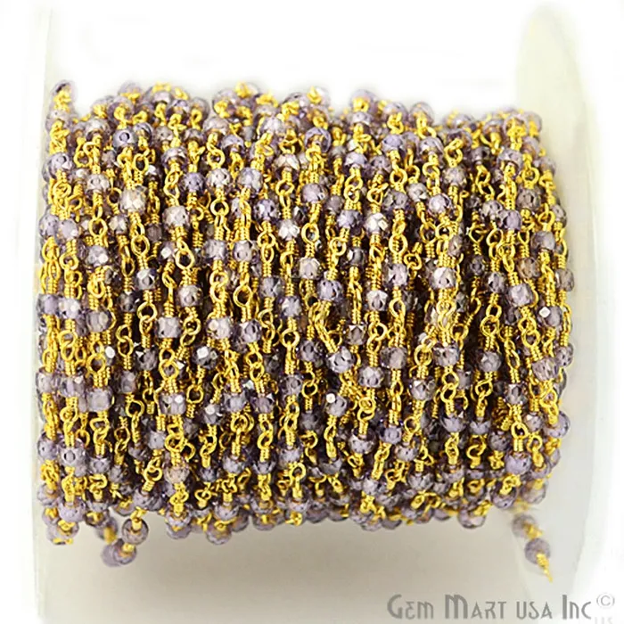 Light Amethyst Cubic Zirconia 253mm Beads Gold Plated Wire Wrapped Rosary Chain GemMartUSA Necklaces Light Amethyst Cubic Zirconia 253mm Beads Gold Plated Wire Wrapped Rosary Chain GemMartUSA Necklaces