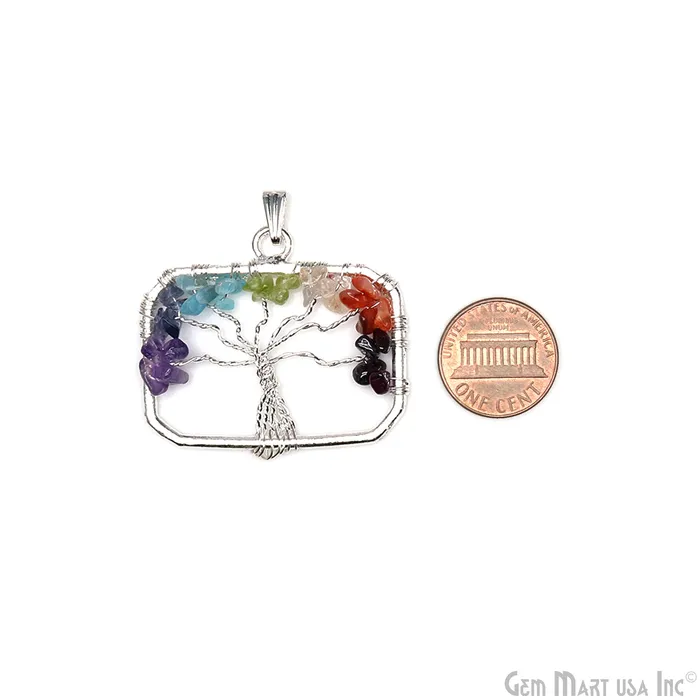 Multi Color Tree Of Life 45x29mm Silver Wire Wrapped Rectangle Shape Pendant GemMartUSA Necklaces