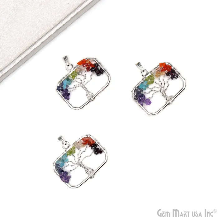 Multi Color Tree Of Life 45x29mm Silver Wire Wrapped Rectangle Shape Pendant GemMartUSA Necklaces