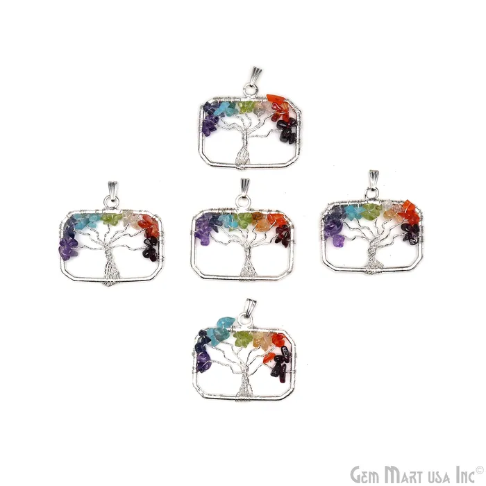Multi Color Tree Of Life 45x29mm Silver Wire Wrapped Rectangle Shape Pendant GemMartUSA Necklaces