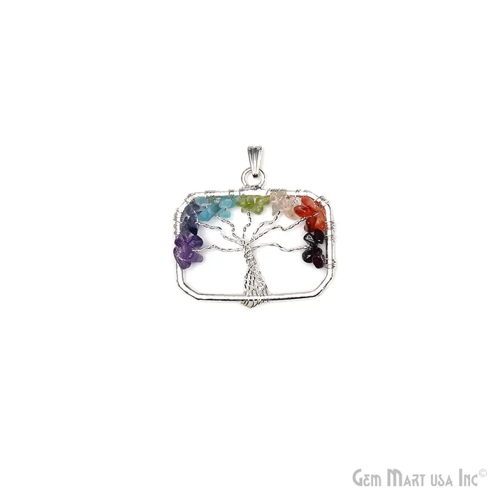 Multi Color Tree Of Life 45x29mm Silver Wire Wrapped Rectangle Shape Pendant GemMartUSA Necklaces