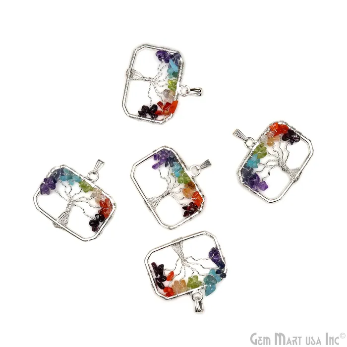 Multi Color Tree Of Life 45x29mm Silver Wire Wrapped Rectangle Shape Pendant GemMartUSA Necklaces