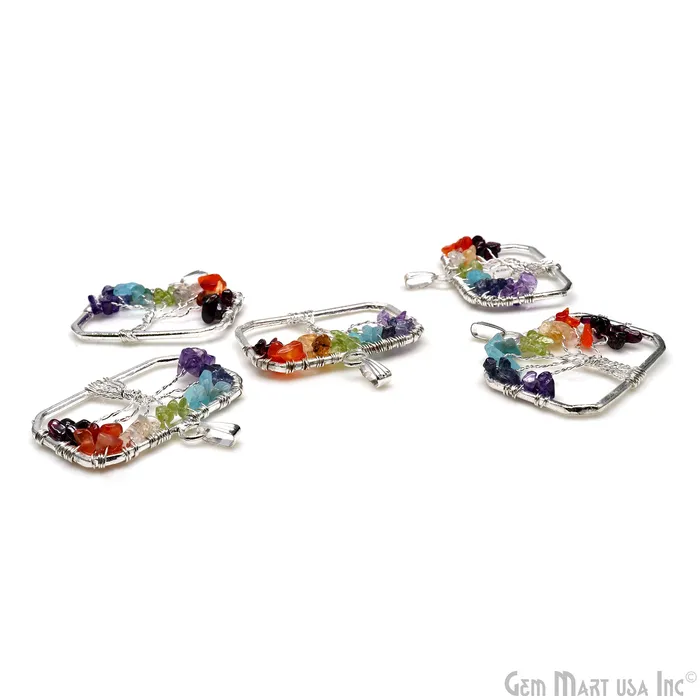 Multi Color Tree Of Life 45x29mm Silver Wire Wrapped Rectangle Shape Pendant GemMartUSA Necklaces