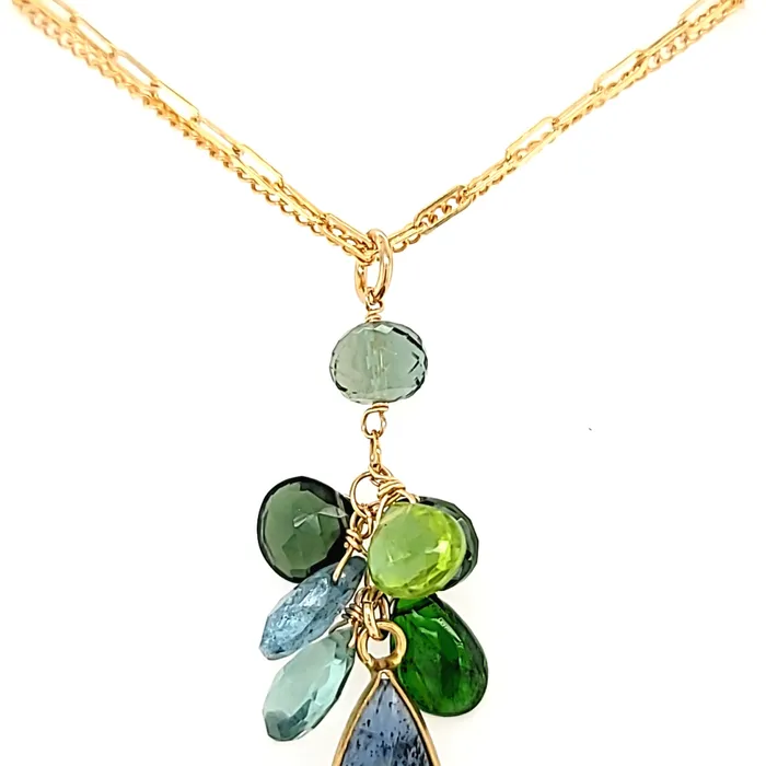 Necklaces AVF AVF Gold Elongated Kyanite w Peridot Quartz Moss Aqua Chrome Diopside Cluster Necklace SI3728 Necklaces AVF AVF Gold Elongated Kyanite w Peridot Quartz Moss Aqua Chrome Diopside Cluster Necklace SI3728