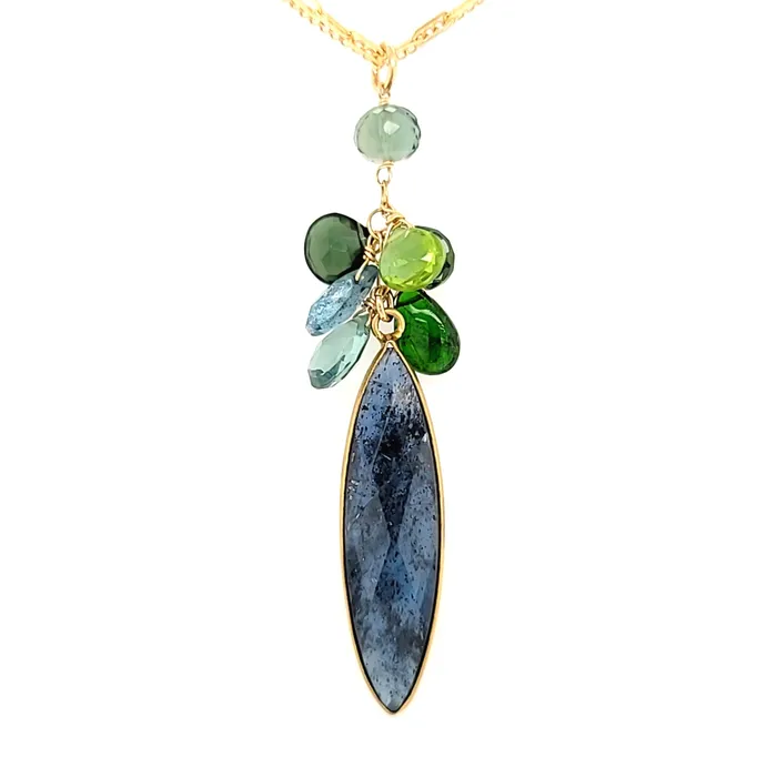 Necklaces AVF AVF Gold Elongated Kyanite w Peridot Quartz Moss Aqua Chrome Diopside Cluster Necklace SI3728 Necklaces AVF AVF Gold Elongated Kyanite w Peridot Quartz Moss Aqua Chrome Diopside Cluster Necklace SI3728