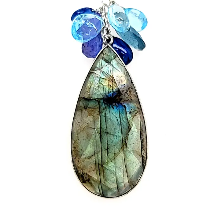 Necklaces AVF Silver Pear Labradorite with Kyanite Blue Topaz Moss Aqua Tanzanite Cluster Double Strand Necklace SI3780 AVF Necklaces AVF Silver Pear Labradorite with Kyanite Blue Topaz Moss Aqua Tanzanite Cluster Double Strand Necklace SI3780 AVF