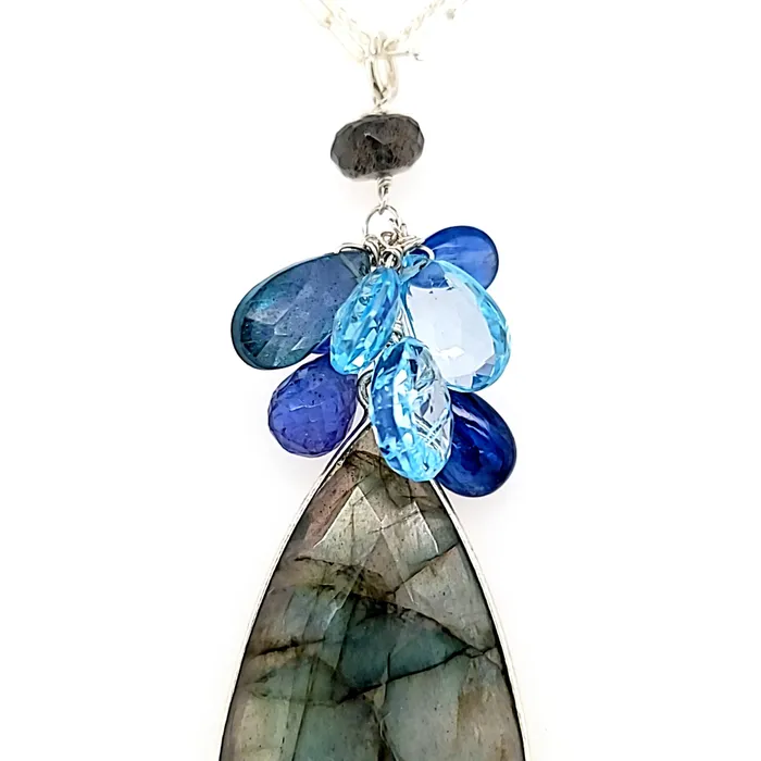Necklaces AVF Silver Pear Labradorite with Kyanite Blue Topaz Moss Aqua Tanzanite Cluster Double Strand Necklace SI3780 AVF Necklaces AVF Silver Pear Labradorite with Kyanite Blue Topaz Moss Aqua Tanzanite Cluster Double Strand Necklace SI3780 AVF