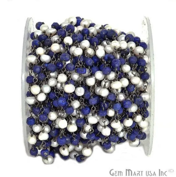 Necklaces GemMartUSA Lapis Pearl Gemstone Beads 335mm Oxidized Wire Wrapped Rosary Chain Necklaces GemMartUSA Lapis Pearl Gemstone Beads 335mm Oxidized Wire Wrapped Rosary Chain
