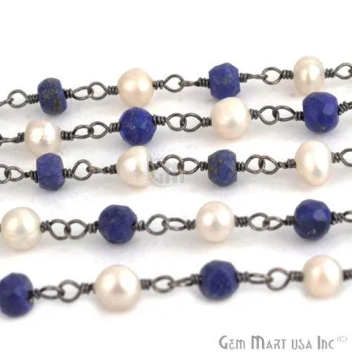 Necklaces GemMartUSA Lapis Pearl Gemstone Beads 335mm Oxidized Wire Wrapped Rosary Chain