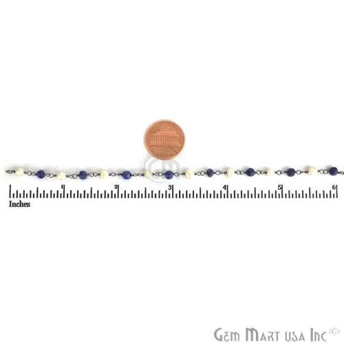 Necklaces GemMartUSA Lapis Pearl Gemstone Beads 335mm Oxidized Wire Wrapped Rosary Chain