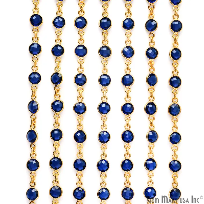 Necklaces GemMartUSA Sapphire Round 6mm Bezel Link Gold Plated Continuous Connector Chain
