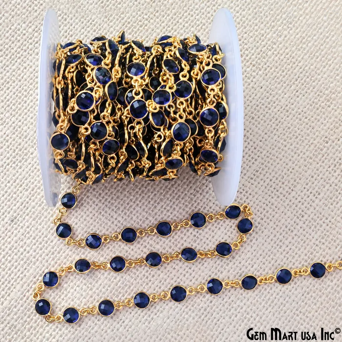 Necklaces GemMartUSA Sapphire Round 6mm Bezel Link Gold Plated Continuous Connector Chain