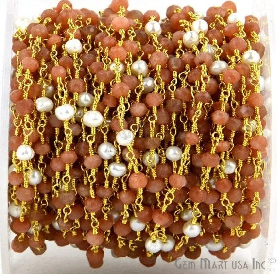Necklaces GemMartUSA Sunstone With Pearl Gold Plated Wire Wrapped Beads Rosary Chain Necklaces GemMartUSA Sunstone With Pearl Gold Plated Wire Wrapped Beads Rosary Chain