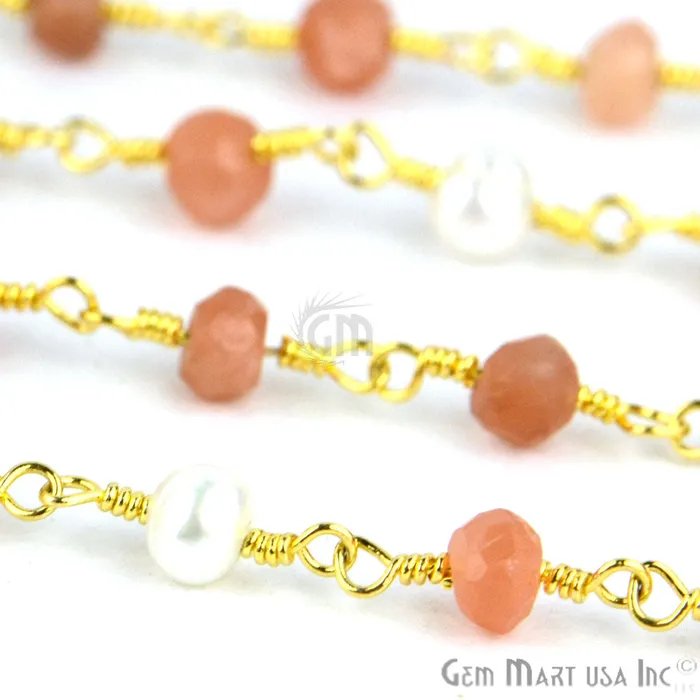 Necklaces GemMartUSA Sunstone With Pearl Gold Plated Wire Wrapped Beads Rosary Chain