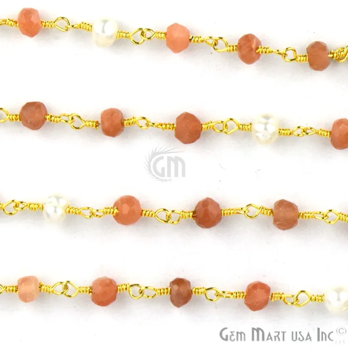 Necklaces GemMartUSA Sunstone With Pearl Gold Plated Wire Wrapped Beads Rosary Chain