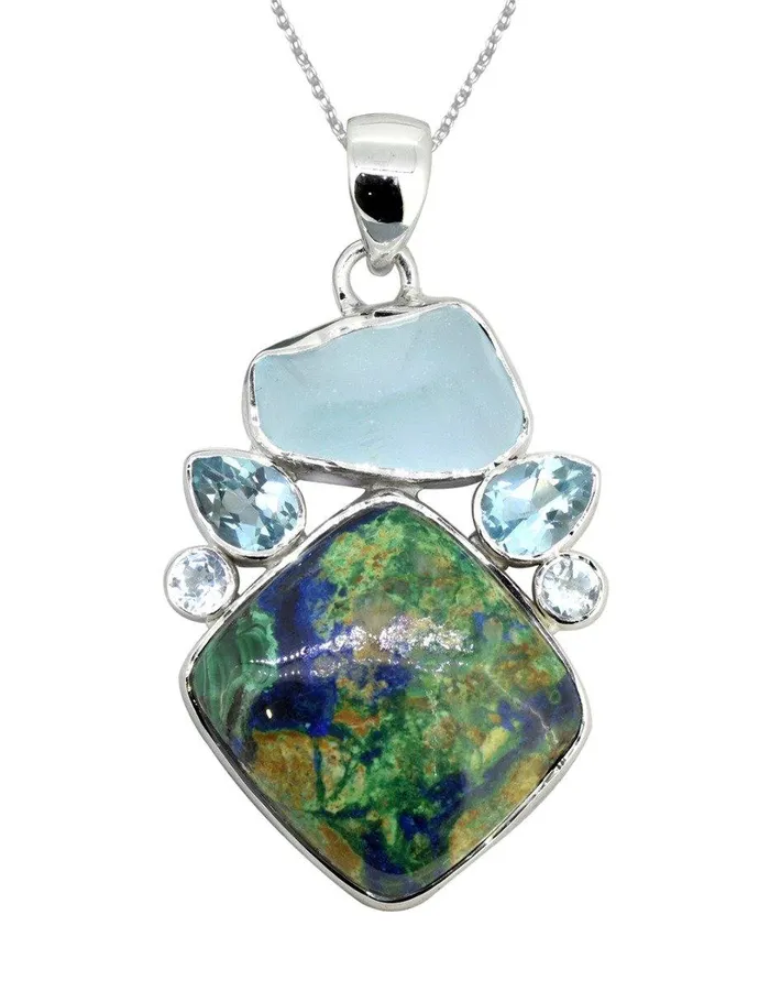 Necklaces YoTreasure Azurite Malachite Solid 925 Sterling Silver Pendant Necklace Necklaces YoTreasure Azurite Malachite Solid 925 Sterling Silver Pendant Necklace