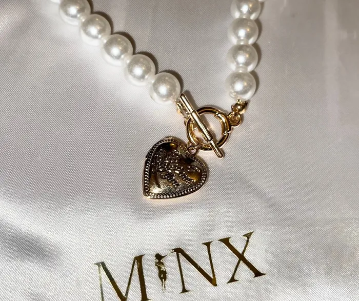 Pearl Necklace Womens Pearl Necklace Heart Pendant Heart Necklace I Love You Engraved Necklace Gold Pearl Necklace Heart Pendant Minx London Necklaces