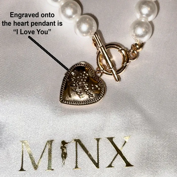 Pearl Necklace Womens Pearl Necklace Heart Pendant Heart Necklace I Love You Engraved Necklace Gold Pearl Necklace Heart Pendant Minx London Necklaces