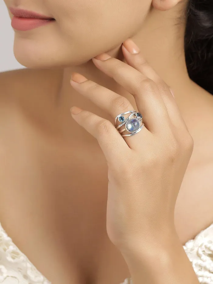 Rings Moonstone London Blue Topaz Solid 925 Sterling Silver Designer Bypass Ring Jewelry YoTreasure