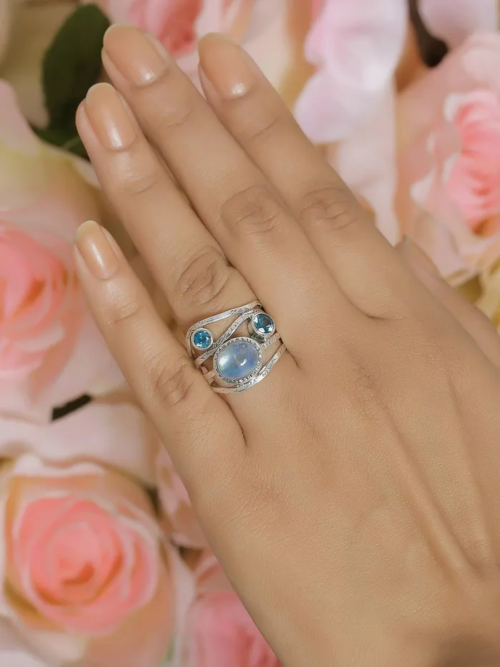 Rings Moonstone London Blue Topaz Solid 925 Sterling Silver Designer Bypass Ring Jewelry YoTreasure