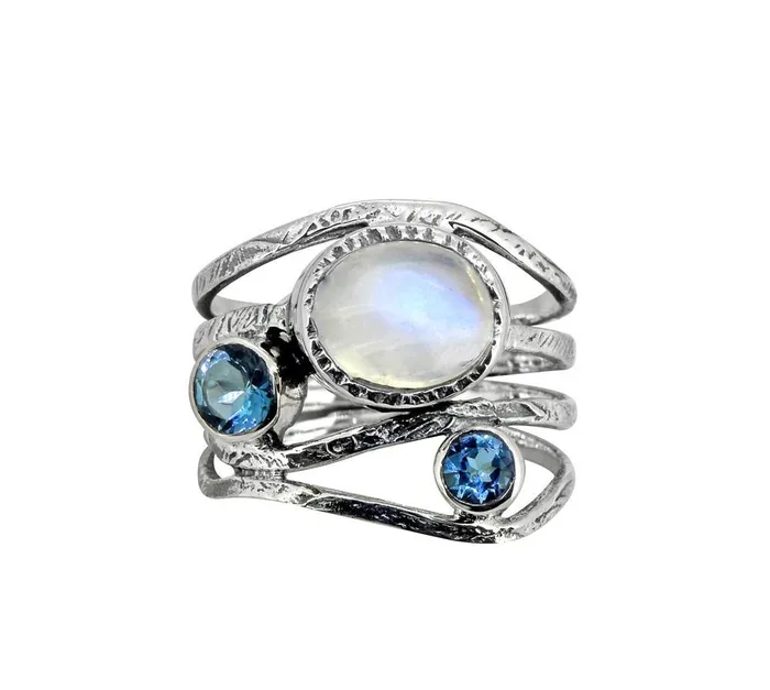 Rings Moonstone London Blue Topaz Solid 925 Sterling Silver Designer Bypass Ring Jewelry YoTreasure