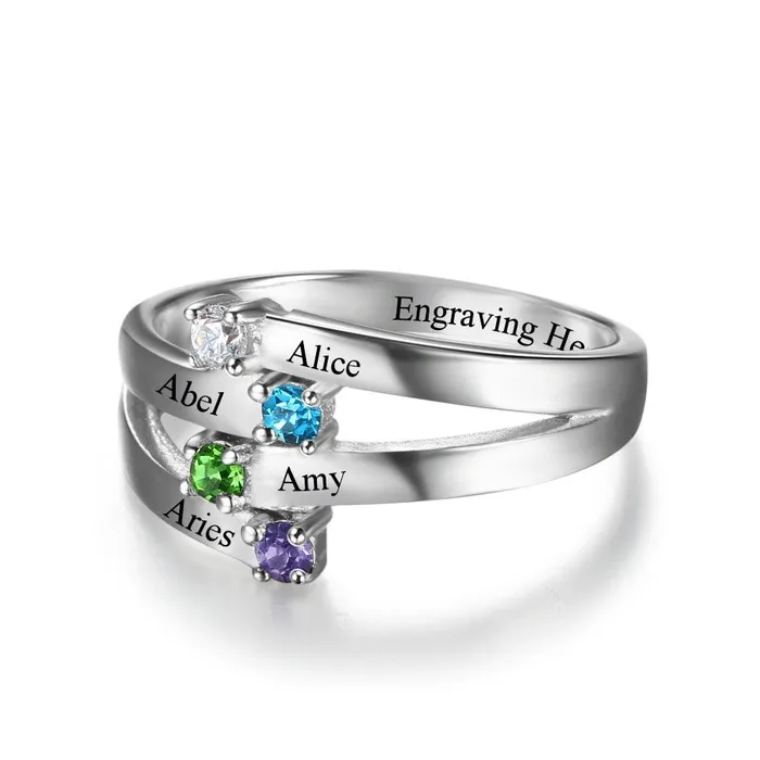 Rings Personalized Jewel Sterling Silver Friendship Family Ring Engrave 4 Names DIY Custom Birthstone Gift For Moms