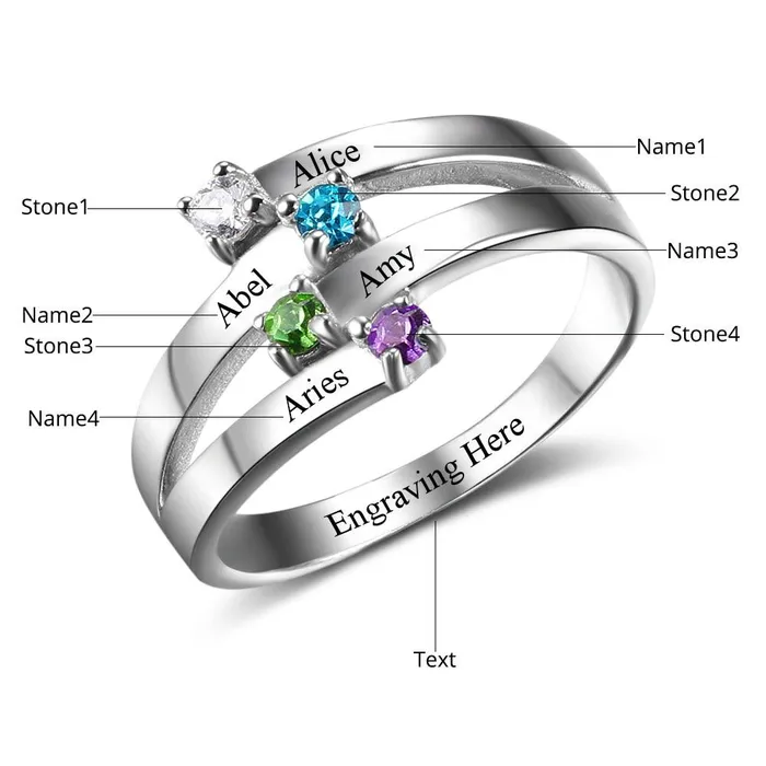 Rings Personalized Jewel Sterling Silver Friendship Family Ring Engrave 4 Names DIY Custom Birthstone Gift For Moms
