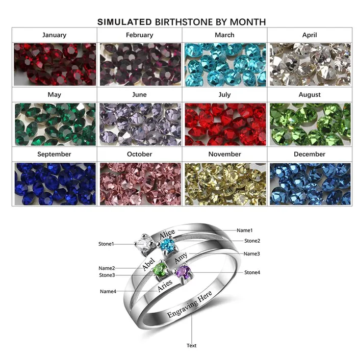 Rings Personalized Jewel Sterling Silver Friendship Family Ring Engrave 4 Names DIY Custom Birthstone Gift For Moms