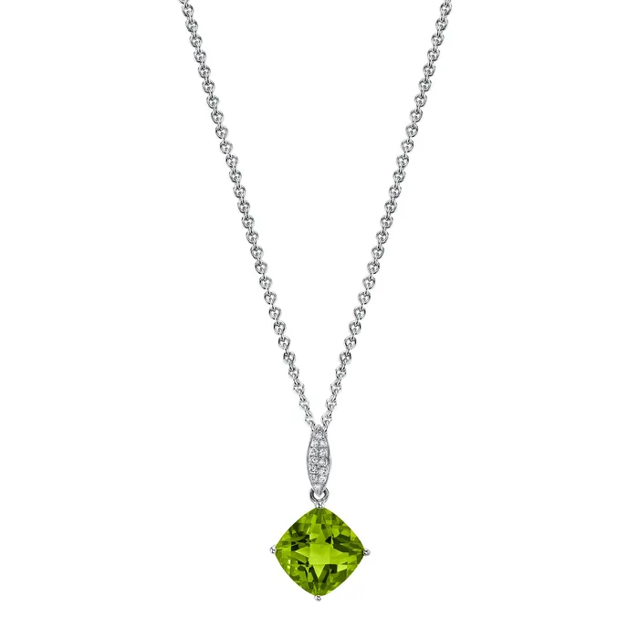 TVON Charm Necklaces 14K Cushion Peridot and Diamond Charm Pendant