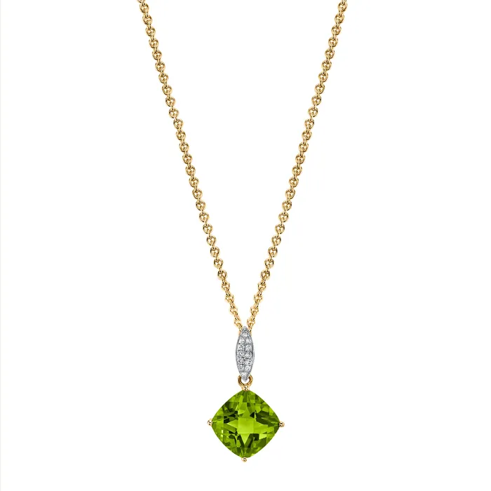 TVON Charm Necklaces 14K Cushion Peridot and Diamond Charm Pendant