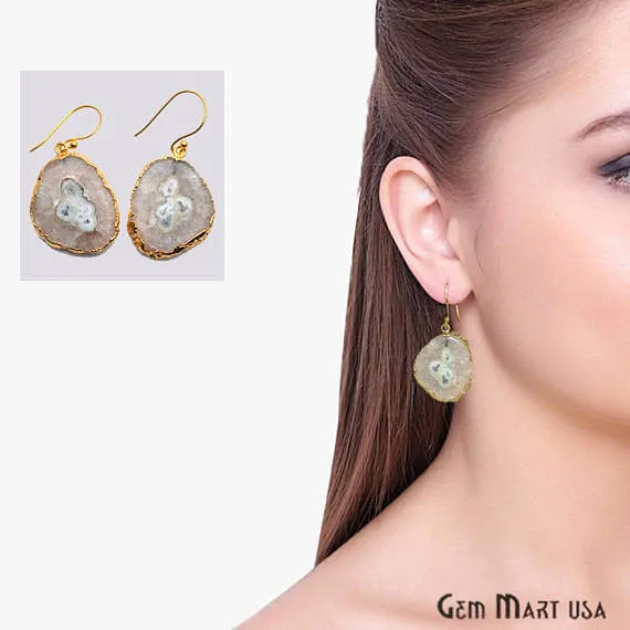 White Solar Druzy Organic Shape Gold Electroplated 32x24mm Dangle Hook Earring GemMartUSA Earrings White Solar Druzy Organic Shape Gold Electroplated 32x24mm Dangle Hook Earring GemMartUSA Earrings