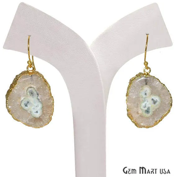 White Solar Druzy Organic Shape Gold Electroplated 32x24mm Dangle Hook Earring GemMartUSA Earrings