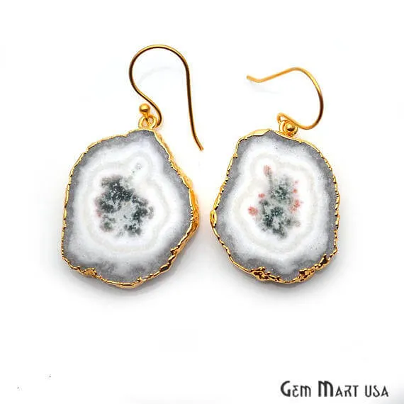 White Solar Druzy Organic Shape Gold Electroplated 34x26mm Dangle Hook Earring GemMartUSA Earrings