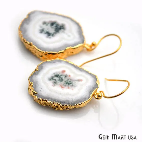 White Solar Druzy Organic Shape Gold Electroplated 34x26mm Dangle Hook Earring GemMartUSA Earrings