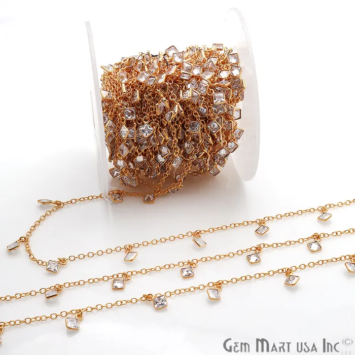 White Zircon Bezel Gold Plated Dangle Fancy Rosary Chain GemMartUSA Necklaces White Zircon Bezel Gold Plated Dangle Fancy Rosary Chain GemMartUSA Necklaces