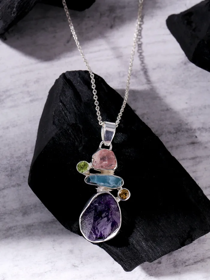 YoTreasure Necklaces Raw Multi Gemstone Solid 925 Sterling Silver Chain Pendant Jewelry YoTreasure Necklaces Raw Multi Gemstone Solid 925 Sterling Silver Chain Pendant Jewelry