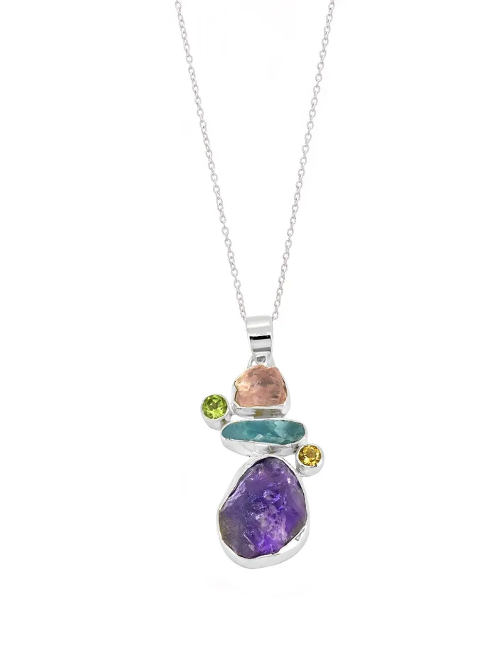 YoTreasure Necklaces Raw Multi Gemstone Solid 925 Sterling Silver Chain Pendant Jewelry YoTreasure Necklaces Raw Multi Gemstone Solid 925 Sterling Silver Chain Pendant Jewelry
