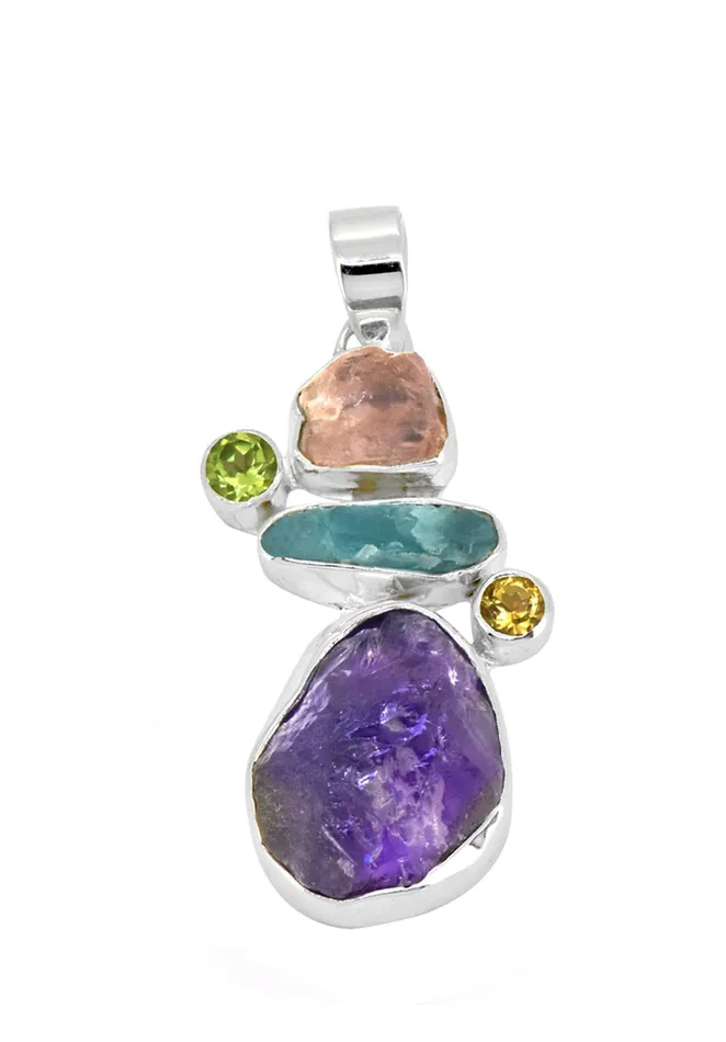 YoTreasure Necklaces Raw Multi Gemstone Solid 925 Sterling Silver Chain Pendant Jewelry YoTreasure Necklaces Raw Multi Gemstone Solid 925 Sterling Silver Chain Pendant Jewelry