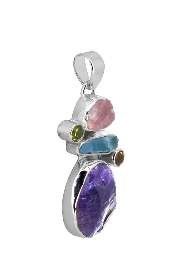 YoTreasure Necklaces Raw Multi Gemstone Solid 925 Sterling Silver Chain Pendant Jewelry YoTreasure Necklaces Raw Multi Gemstone Solid 925 Sterling Silver Chain Pendant Jewelry