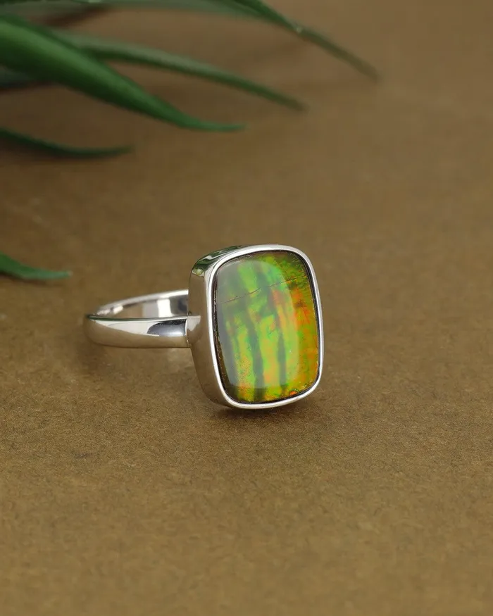YoTreasure Rings 580 Ct Ammolite Ring Solid 925 Sterling Silver Gemstone Jewelry