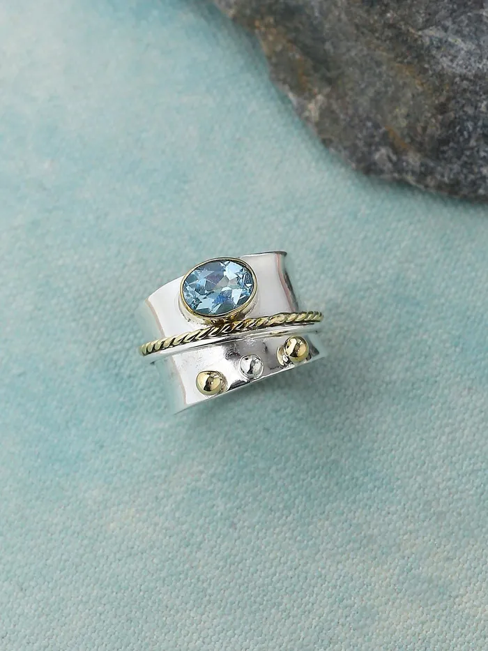 YoTreasure Rings Blue Topaz Solid 925 Sterling Silver Brass Two Tone Designer Ring Jewelry