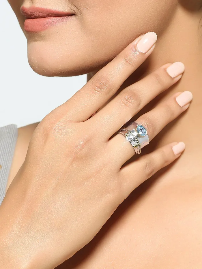 YoTreasure Rings Blue Topaz Solid 925 Sterling Silver Brass Two Tone Designer Ring Jewelry