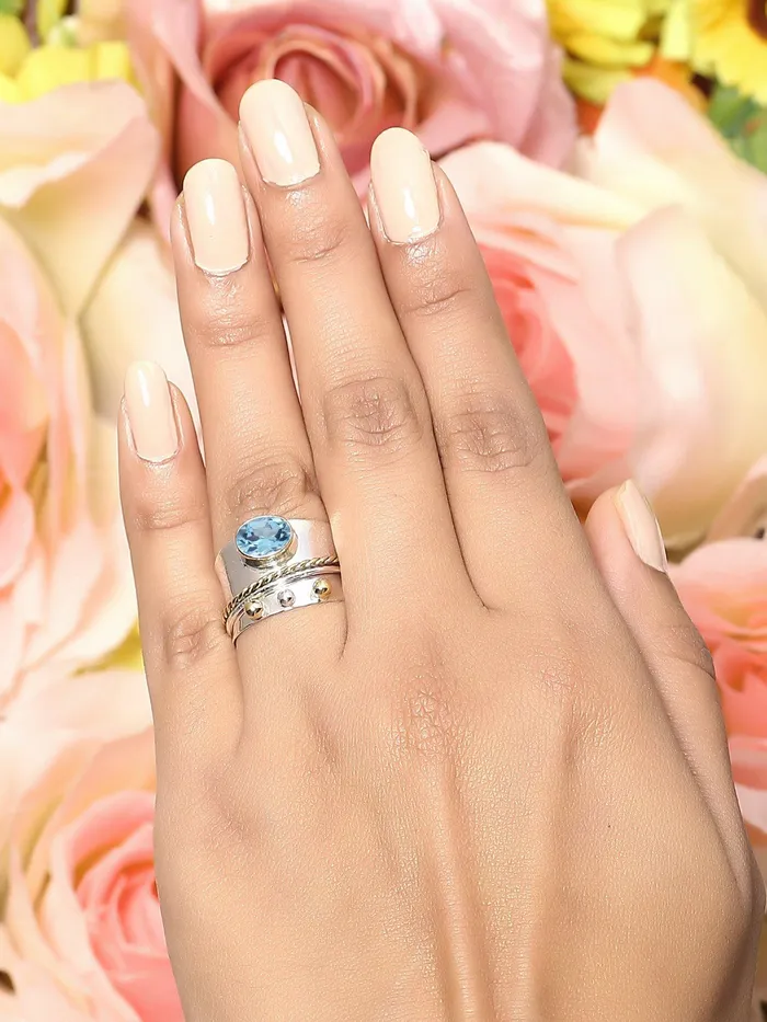 YoTreasure Rings Blue Topaz Solid 925 Sterling Silver Brass Two Tone Designer Ring Jewelry
