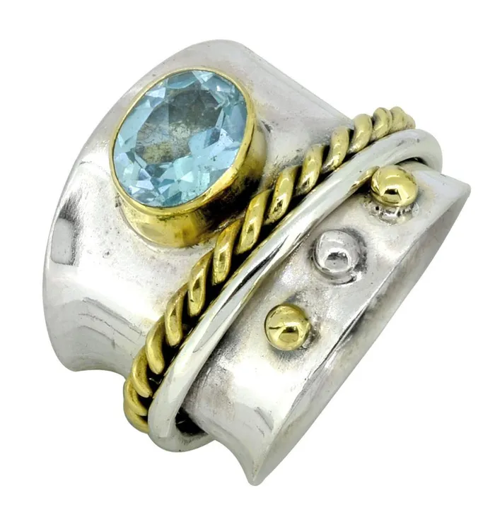 YoTreasure Rings Blue Topaz Solid 925 Sterling Silver Brass Two Tone Designer Ring Jewelry