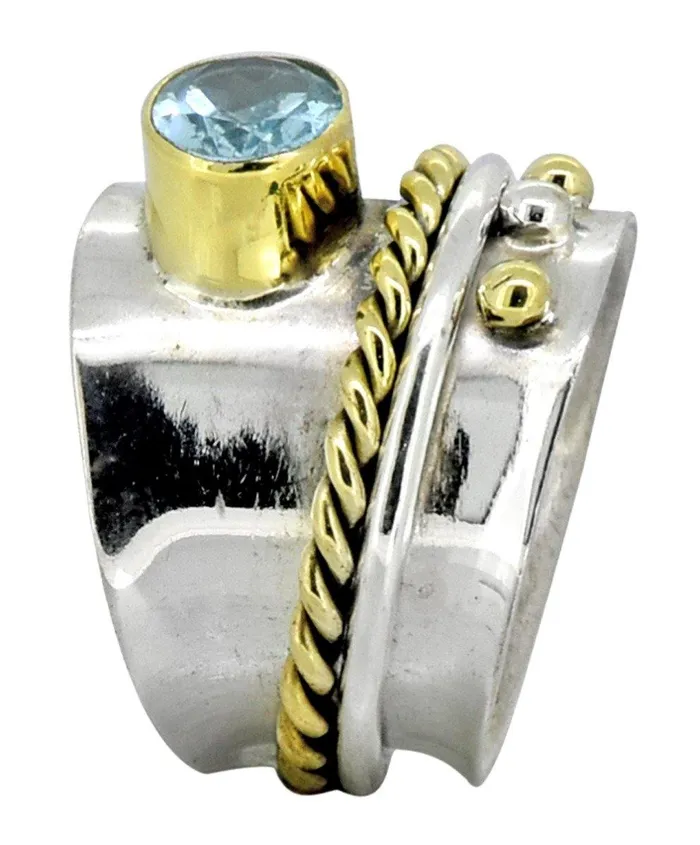 YoTreasure Rings Blue Topaz Solid 925 Sterling Silver Brass Two Tone Designer Ring Jewelry