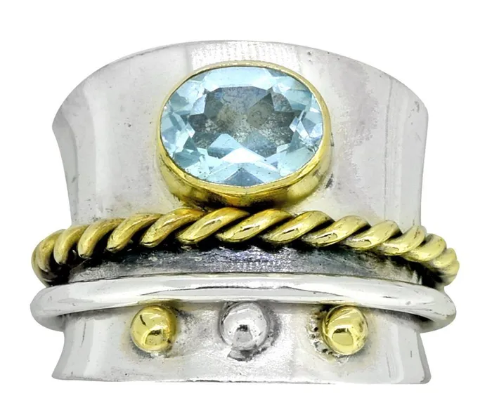 YoTreasure Rings Blue Topaz Solid 925 Sterling Silver Brass Two Tone Designer Ring Jewelry