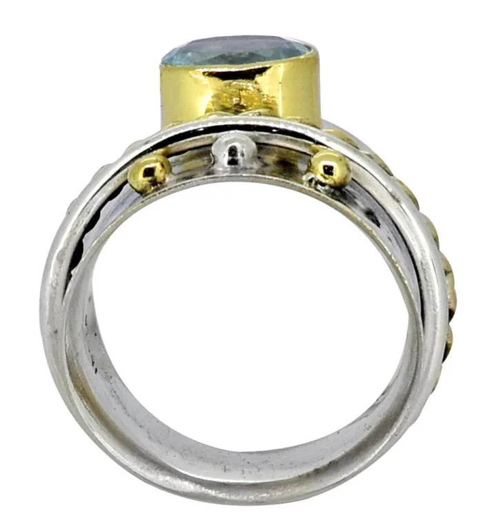 YoTreasure Rings Blue Topaz Solid 925 Sterling Silver Brass Two Tone Designer Ring Jewelry