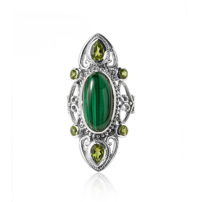 YoTreasure Rings Malachite Peridot Bold Ring in 925 Sterling Silver