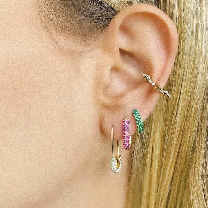 14K Gold Pave Ruby Oval Huggie Earrings Izakov Diamonds Fine Jewelry Earrings