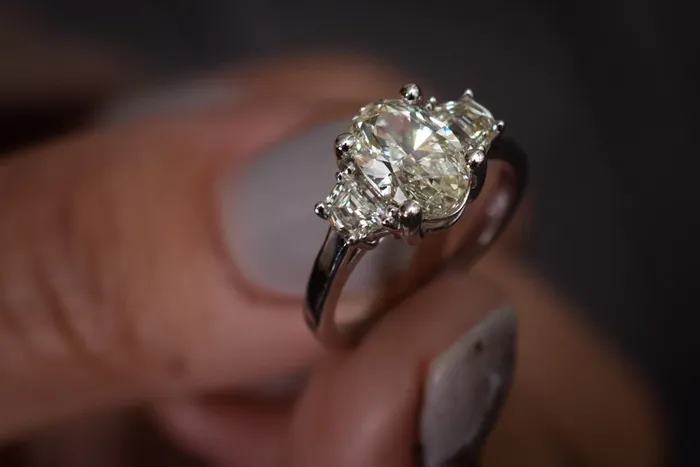 3 stone Oval with Cadallac Sides Engagement ring Crown Jewels Coin Rings